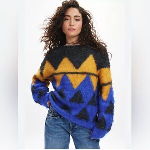 BDG Blue and Orange Crew Neck Sweater with Geometric Pattern